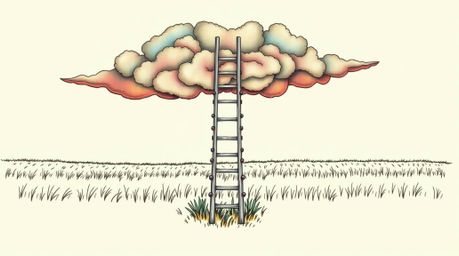 Explore this symbolic traditional tattoo art print featuring a silver ladder in a field under a cloudy sky.  The vibrant colo