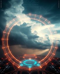 Explore a captivating blend of futuristic technology and mystical ambiance.  Geometric patterns form a striking digital inter