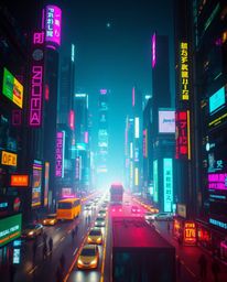 A captivating cinematic still of a futuristic city engulfed in a vibrant glitch effect. Flickering lights, broken holograms, 