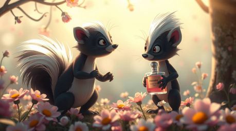 A dreamlike and surreal depiction of a cartoon skunk playfully spraying perfume on flowers under soft, gentle light with diff