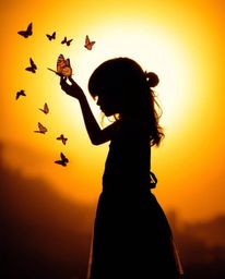 A captivating image of a silhouetted girl releasing butterflies against a bright backlight. The ethereal scene is bathed in l