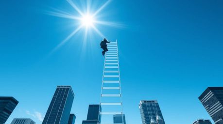 A captivating image depicting a businessperson ascending a transparent ladder that disappears into a vibrant blue sky above t