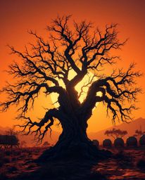 A futuristic sci-fi illustration of a sunset behind an old oak tree with twisted branches. This artwork is characterized by l