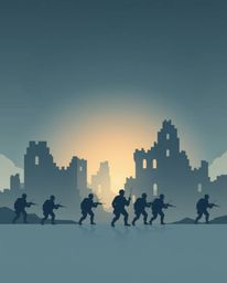 Explore a battlefield scene rendered in soft pastel colors, featuring silhouetted, time-warped soldiers and crumbling buildin