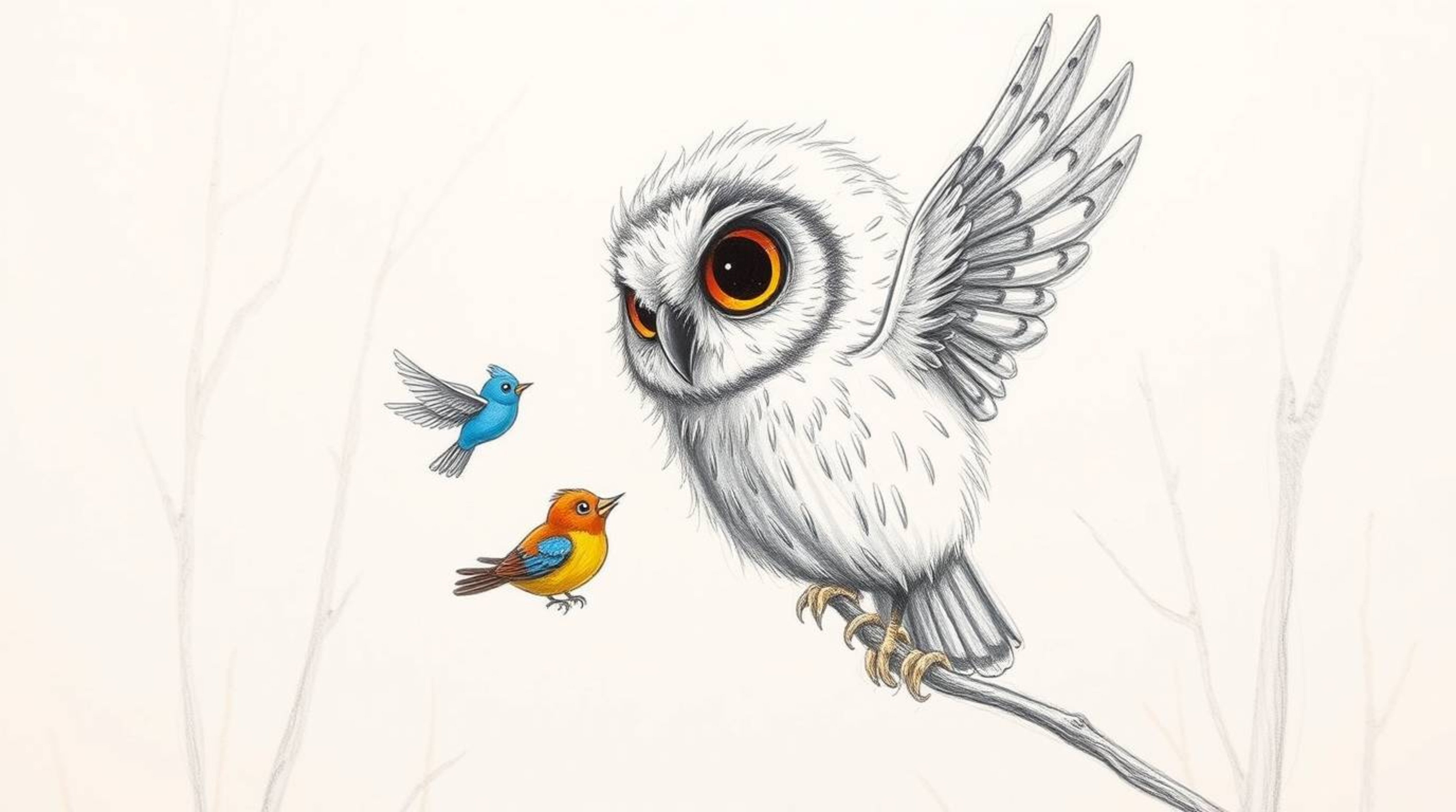 A heartwarming pencil sketch in the Pixar aesthetic depicts a blind, fluffy owl with expressive eyes patiently teaching small