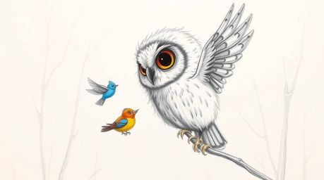 A heartwarming pencil sketch in the Pixar aesthetic depicts a blind, fluffy owl with expressive eyes patiently teaching small