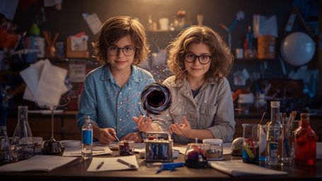 A vibrant, cinematic photograph captures a science fair duo, a boy with messy brown hair and a girl with curly blonde hair, a