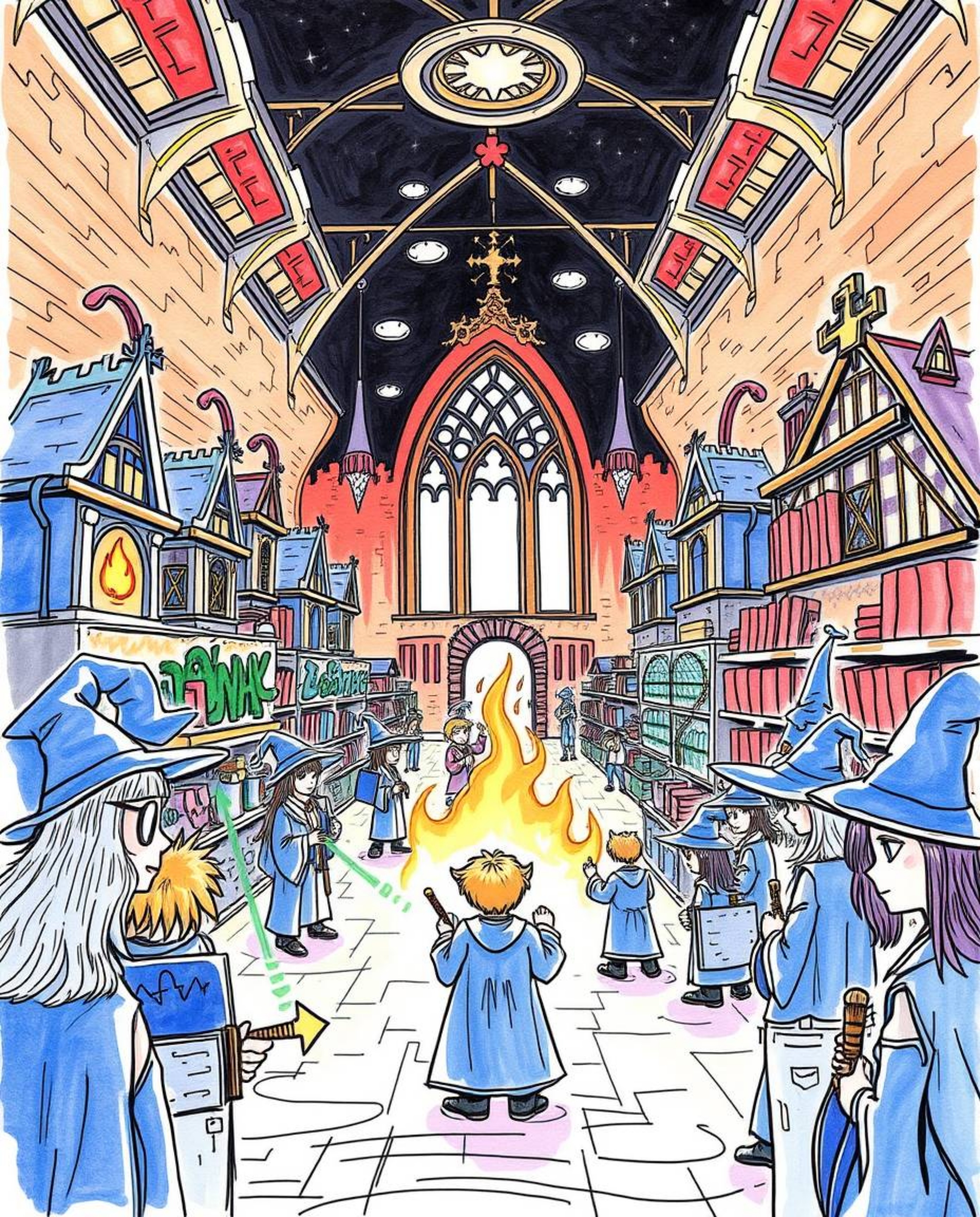 Explore a hand-drawn color sketchnote depicting a magical school teeming with young wizards. This artwork features a distinct