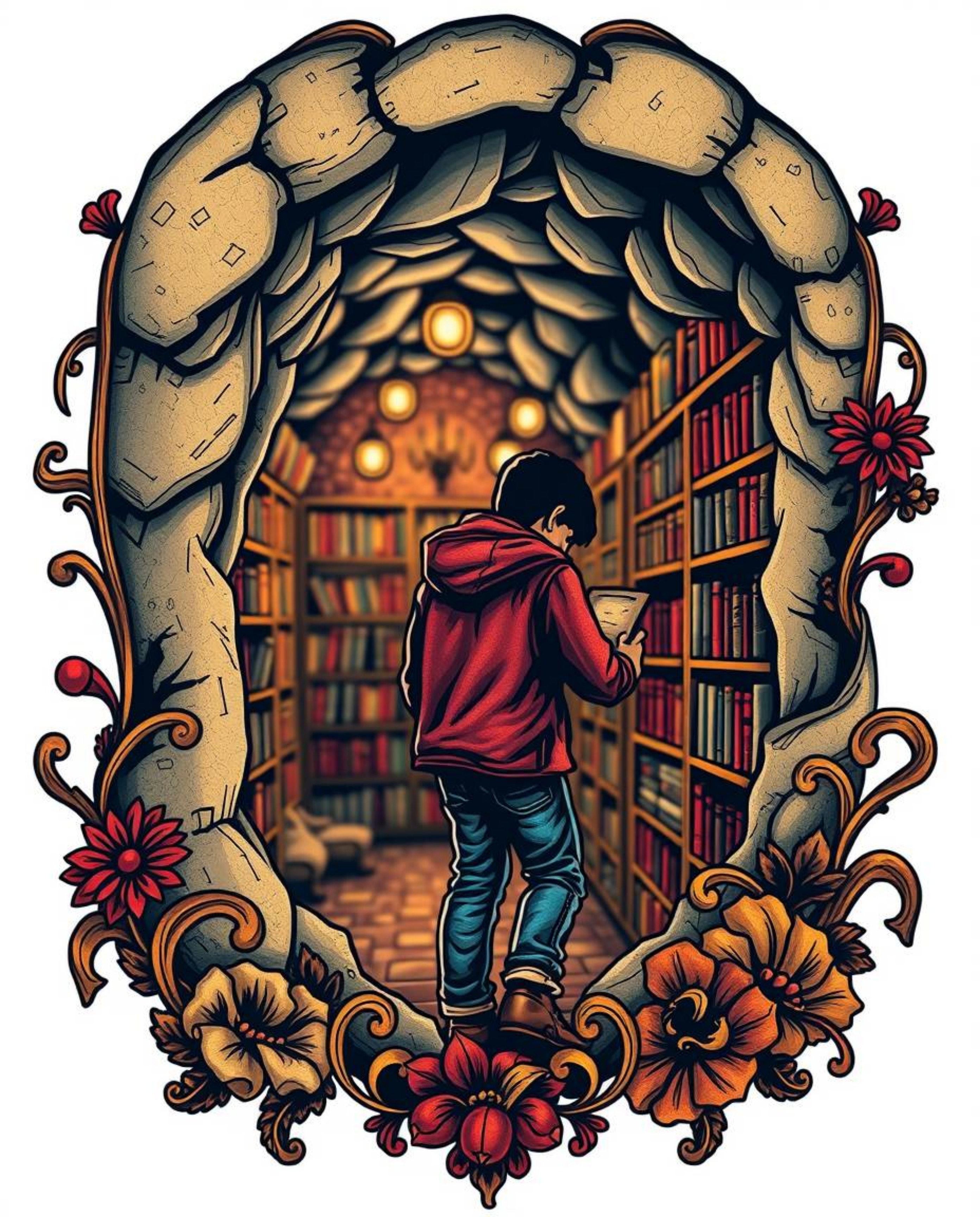 Discover the allure of this traditional tattoo-style art print depicting a captivating scene: a person uncovering a hidden un