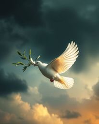 A symbol of peace and hope soaring through turbulent times, this image depicts a dove carrying an olive branch amidst stormy 