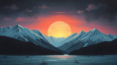 A painting capturing an eerie and creepy atmosphere, depicting snow-covered mountains bathed in the glow of a pastel sunset. 