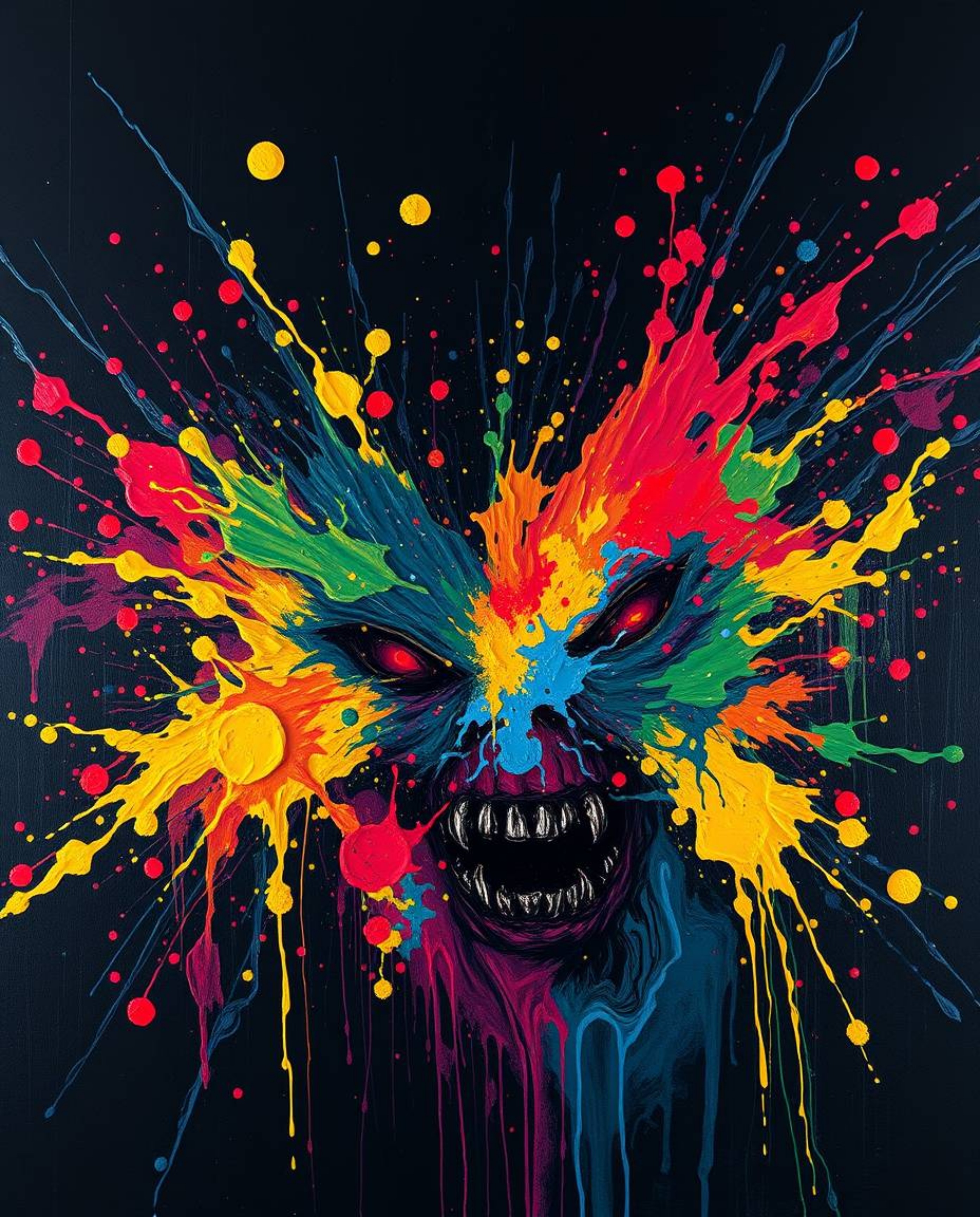 Explore a collection of eerie and creepy acrylic paintings featuring bold strokes on black backgrounds. These dynamic artwork
