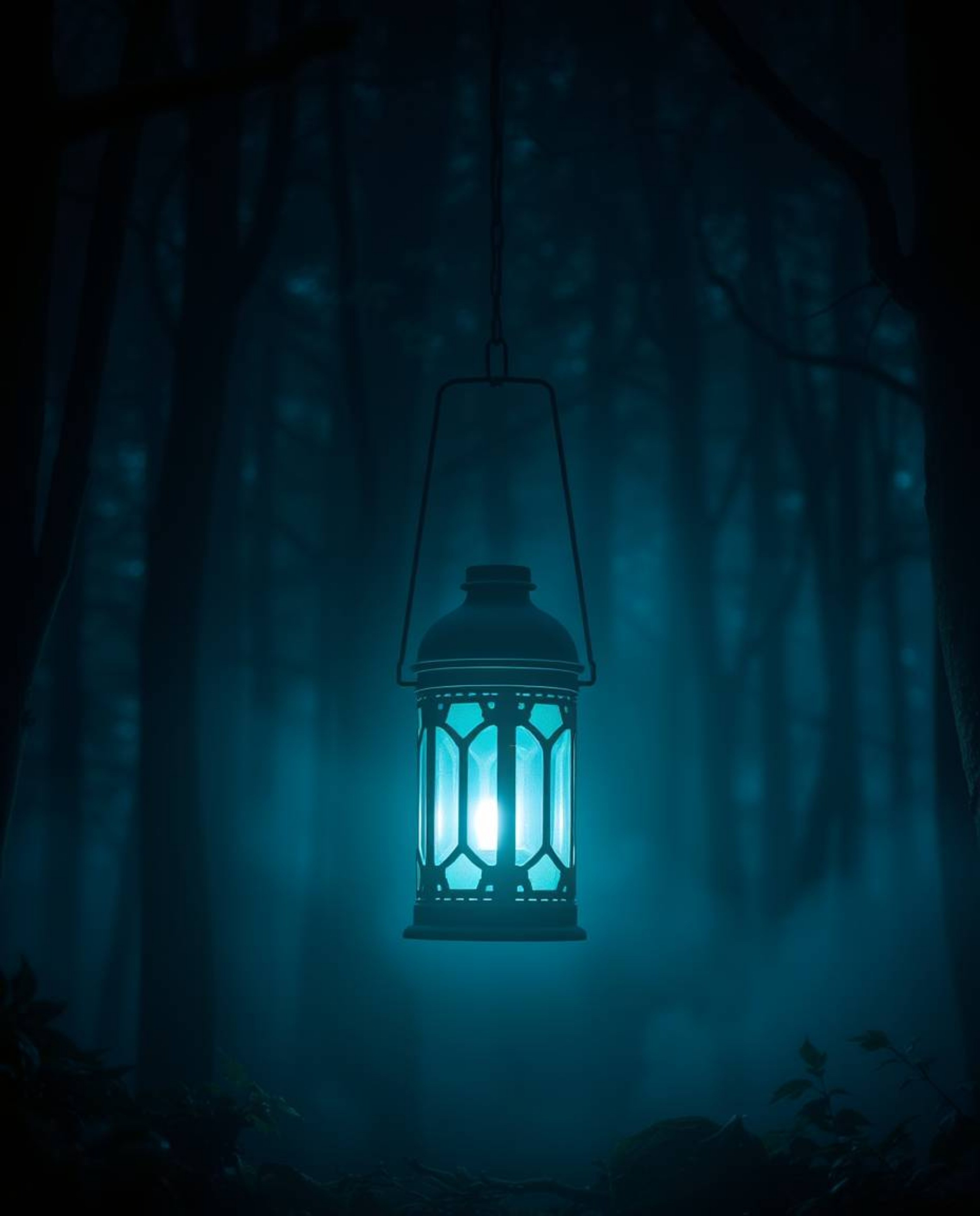Immerse yourself in a mystical dark forest illuminated by a glowing lantern. This scene evokes a spiritual vibe using cool, e