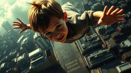 Experience the magic of a young boy soaring above London, powered by shimmering pixie dust. Captured from a high-angle perspe