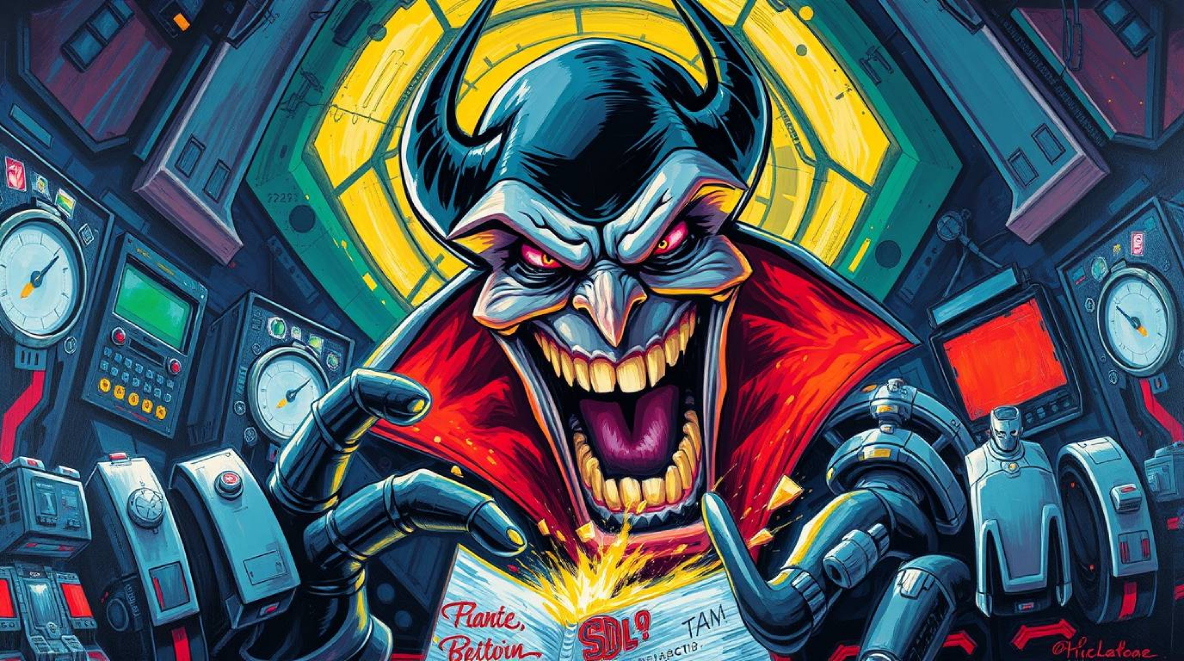 This bold acrylic painting captures a villain's hilarious breakdown in a high-tech lair, rendered with vibrant colors, textur