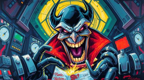This bold acrylic painting captures a villain's hilarious breakdown in a high-tech lair, rendered with vibrant colors, textur