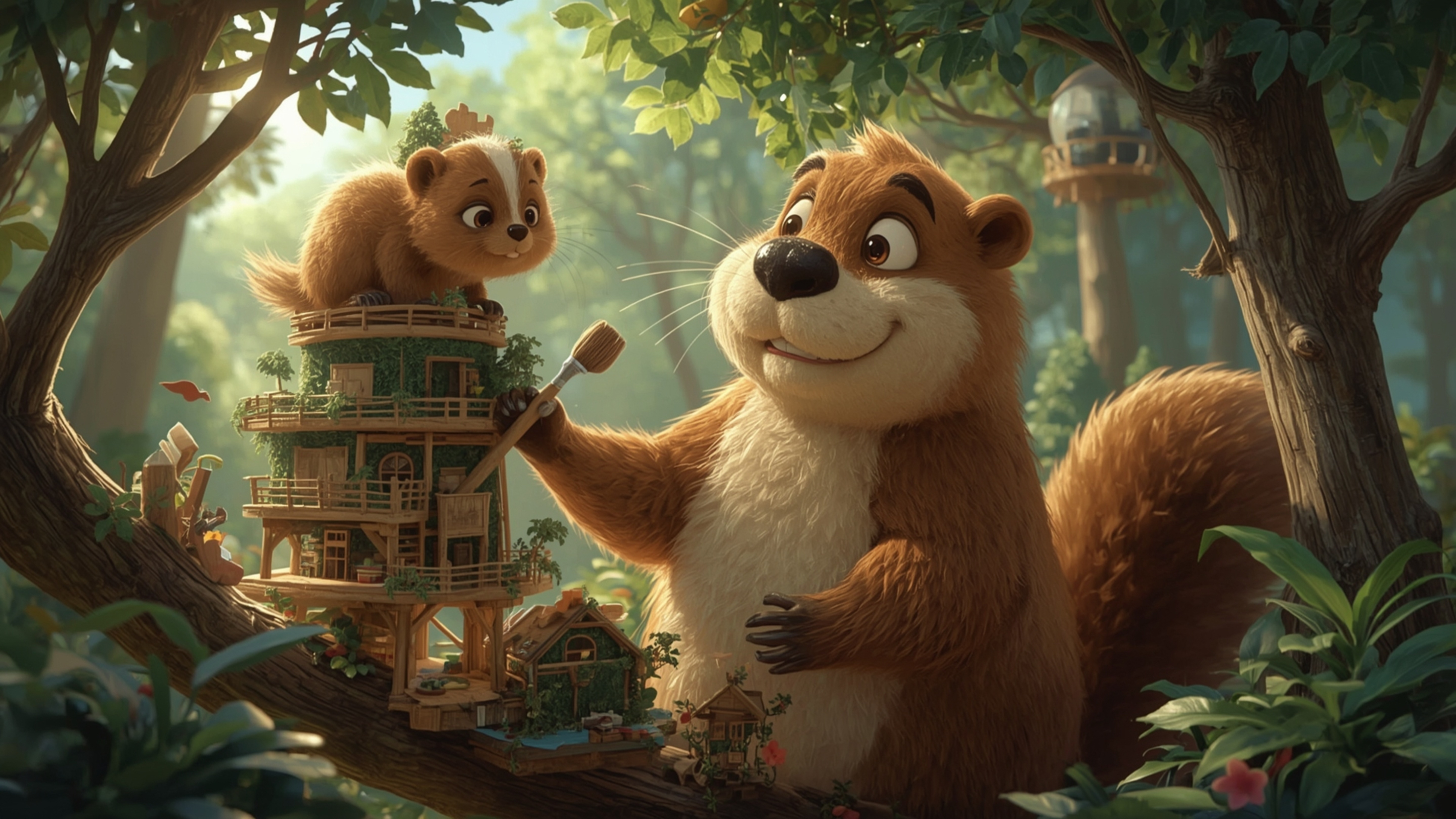 A high-resolution stock photo captures a beaver with a warm, gentle expression, busily constructing an intricately designed, 