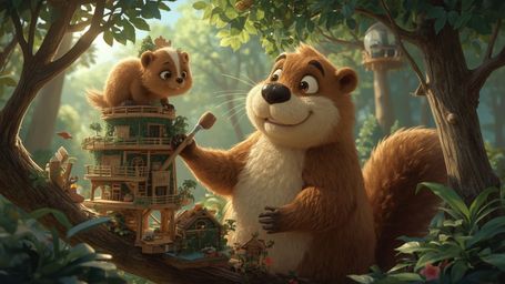 A high-resolution stock photo captures a beaver with a warm, gentle expression, busily constructing an intricately designed, 