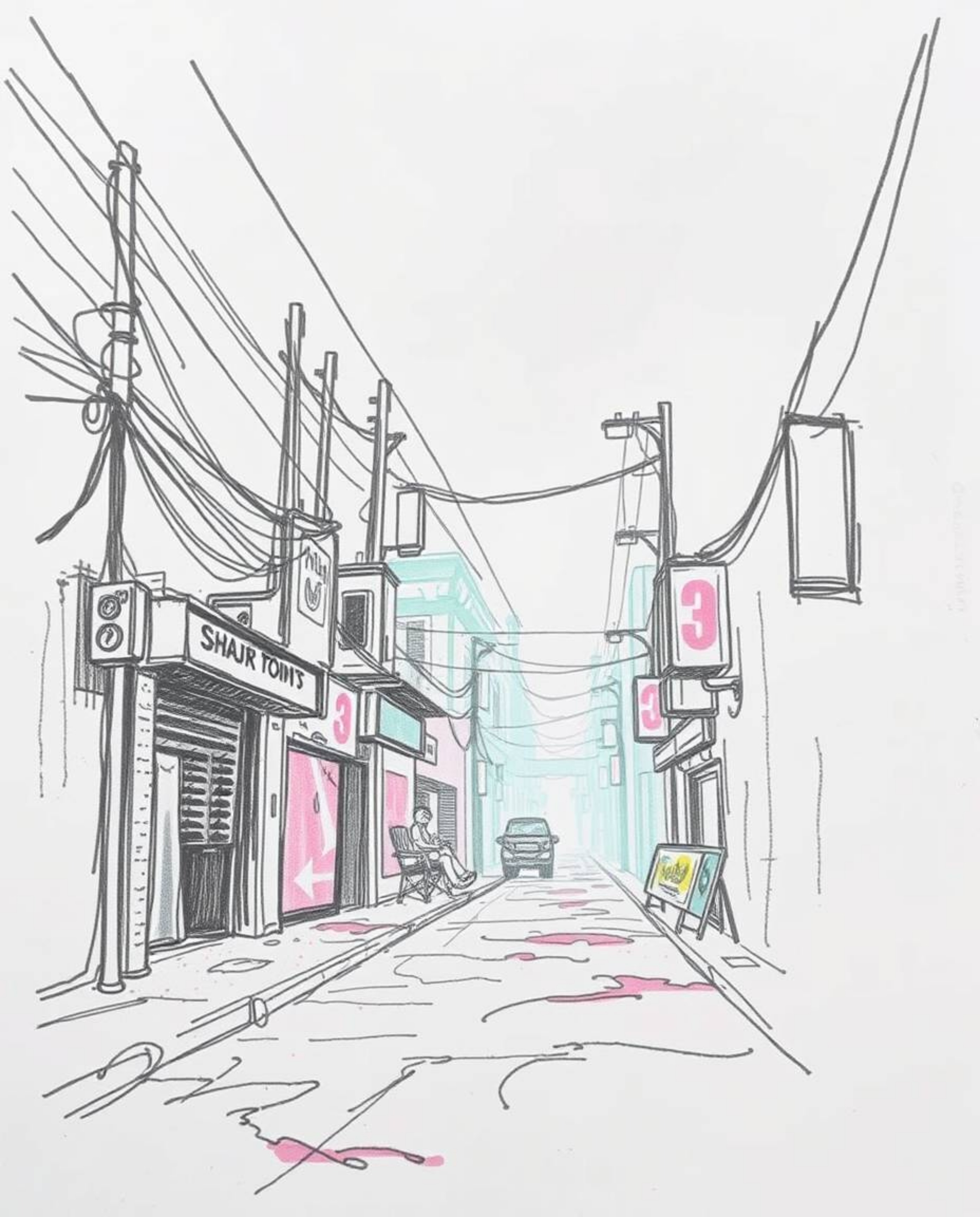 Explore a mystic and enchanting cyberpunk street scene brought to life with a hand-drawn sketch style. This image features a 