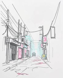 Explore a mystic and enchanting cyberpunk street scene brought to life with a hand-drawn sketch style. This image features a 