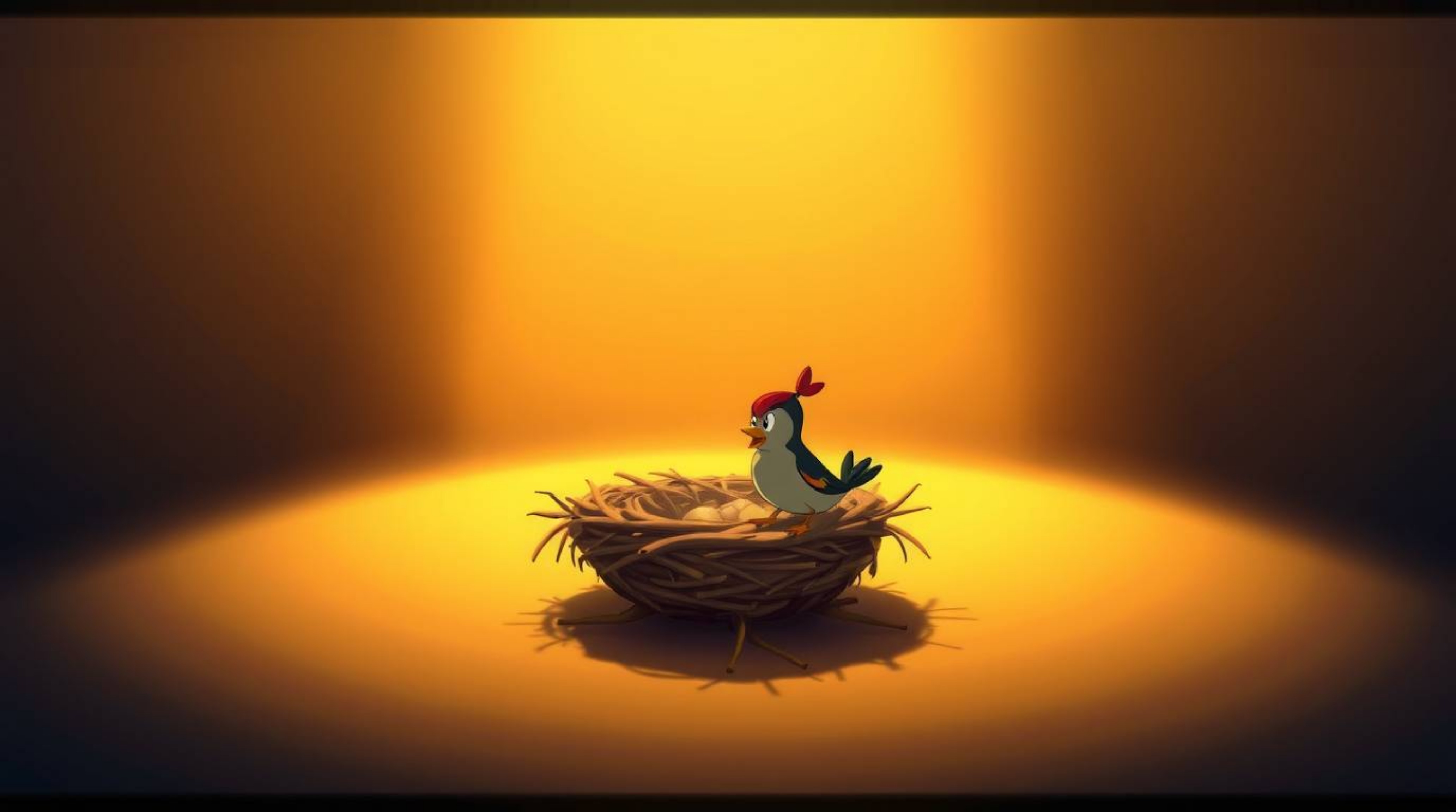 A captivating animation showcasing two cartoon birds diligently constructing a nest. The scene features intense, dramatic li