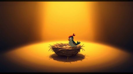 A captivating animation showcasing two cartoon birds diligently constructing a nest. The scene features intense, dramatic li