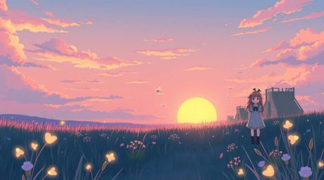A soft pastel anime illustration in the Isekai style depicts a tranquil meadow at sunset. Fireflies begin to emerge, adding t