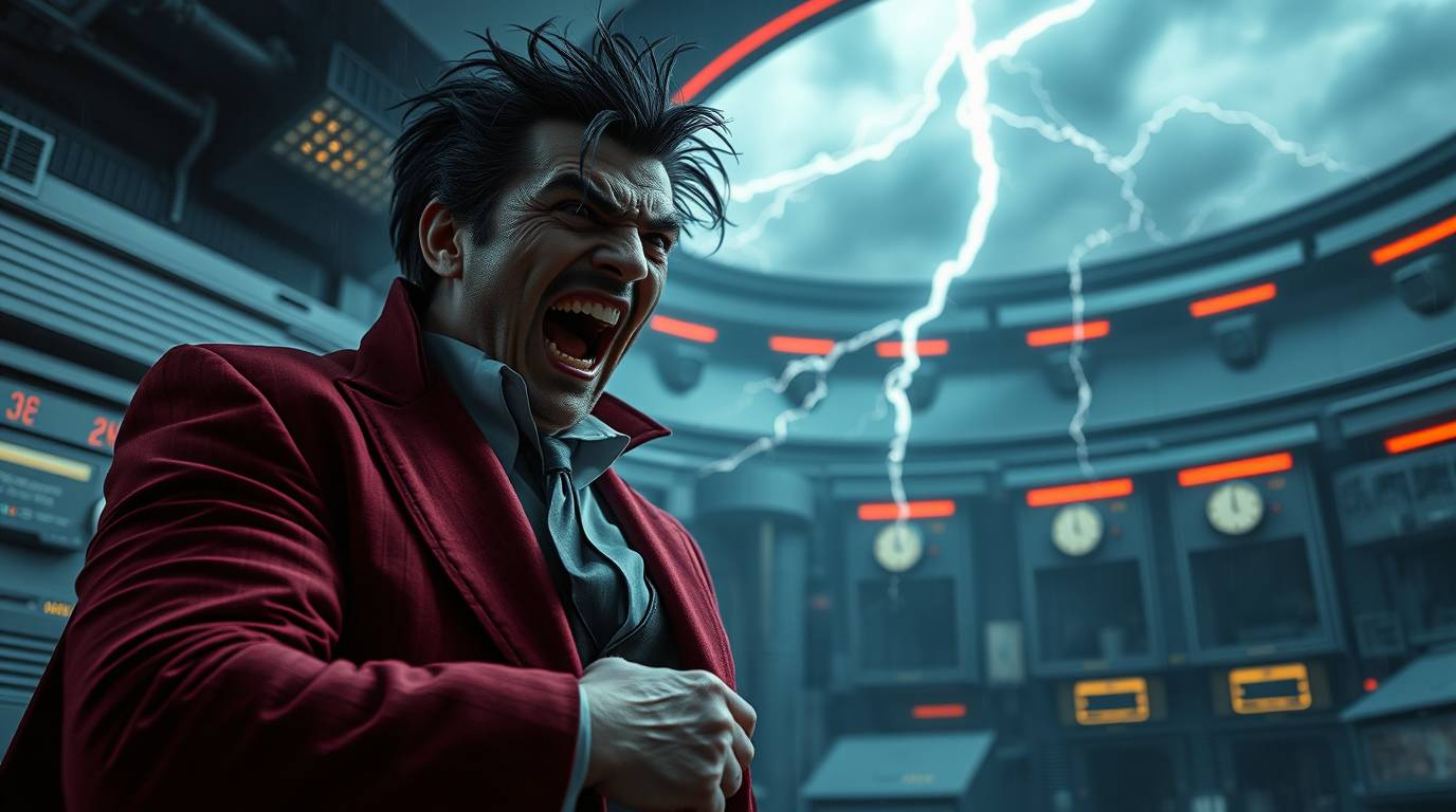 A high-resolution stock photo captures a humorous villainous breakdown within a technologically advanced lair. Intense dramat