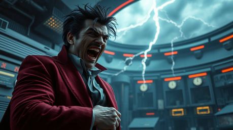 A high-resolution stock photo captures a humorous villainous breakdown within a technologically advanced lair. Intense dramat