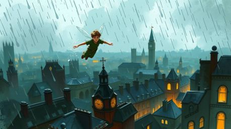 A dynamic digital sketch depicts a rainy scene with a young boy covered in pixie dust soaring above London. The artwork showc