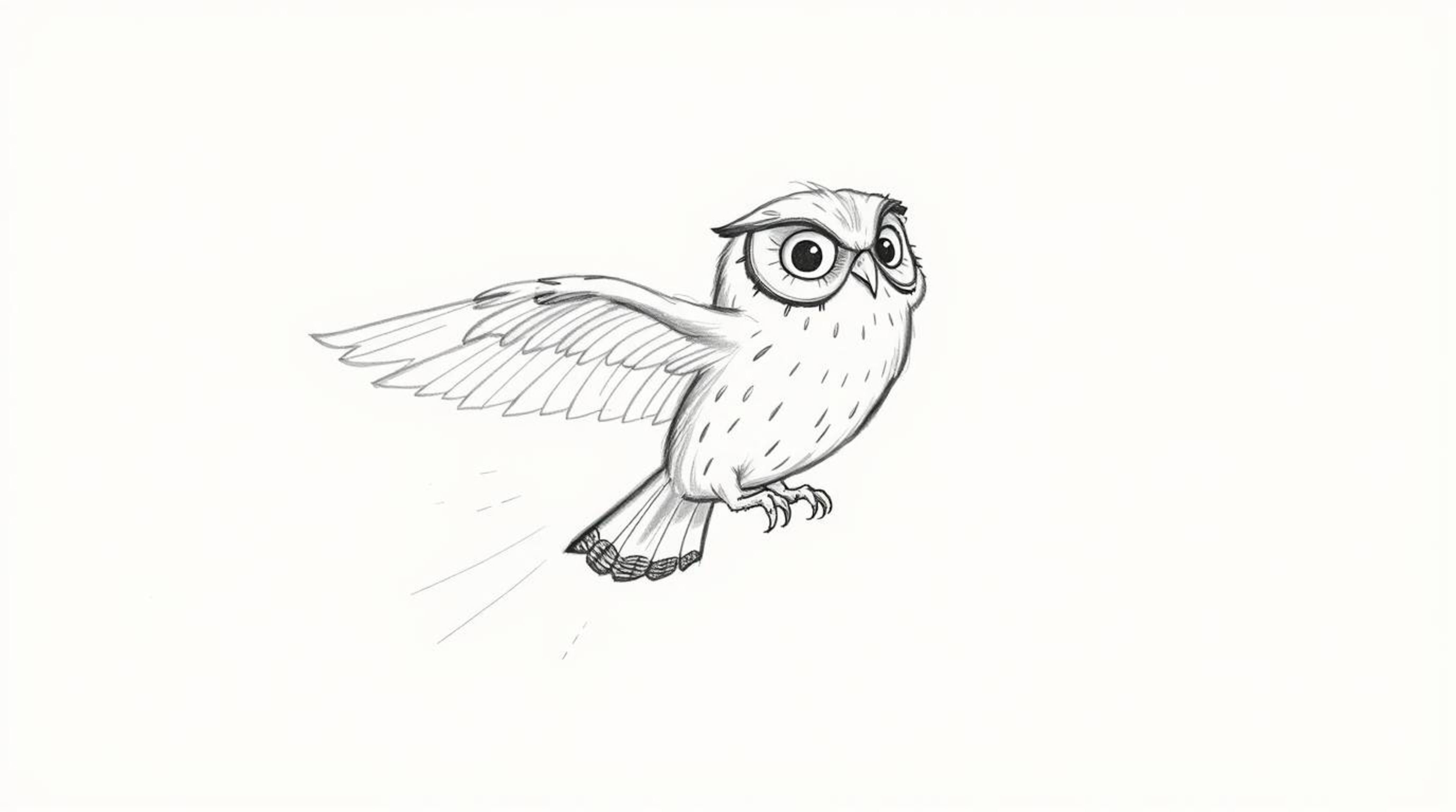 A heartwarming hand-drawn sketch in the style of Pixar depicts a blind owl, rendered with soft, textured pencil strokes, teac