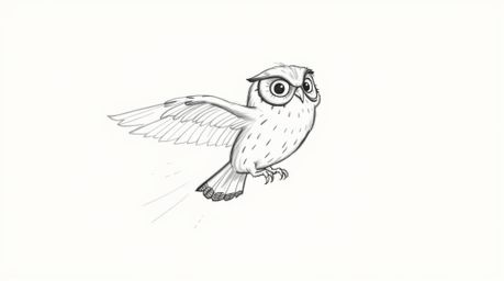 A heartwarming hand-drawn sketch in the style of Pixar depicts a blind owl, rendered with soft, textured pencil strokes, teac