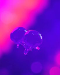 This image features a captivating contrast between sharply focused, floating 3D blobs of vibrant, synthetic-textured jelly an