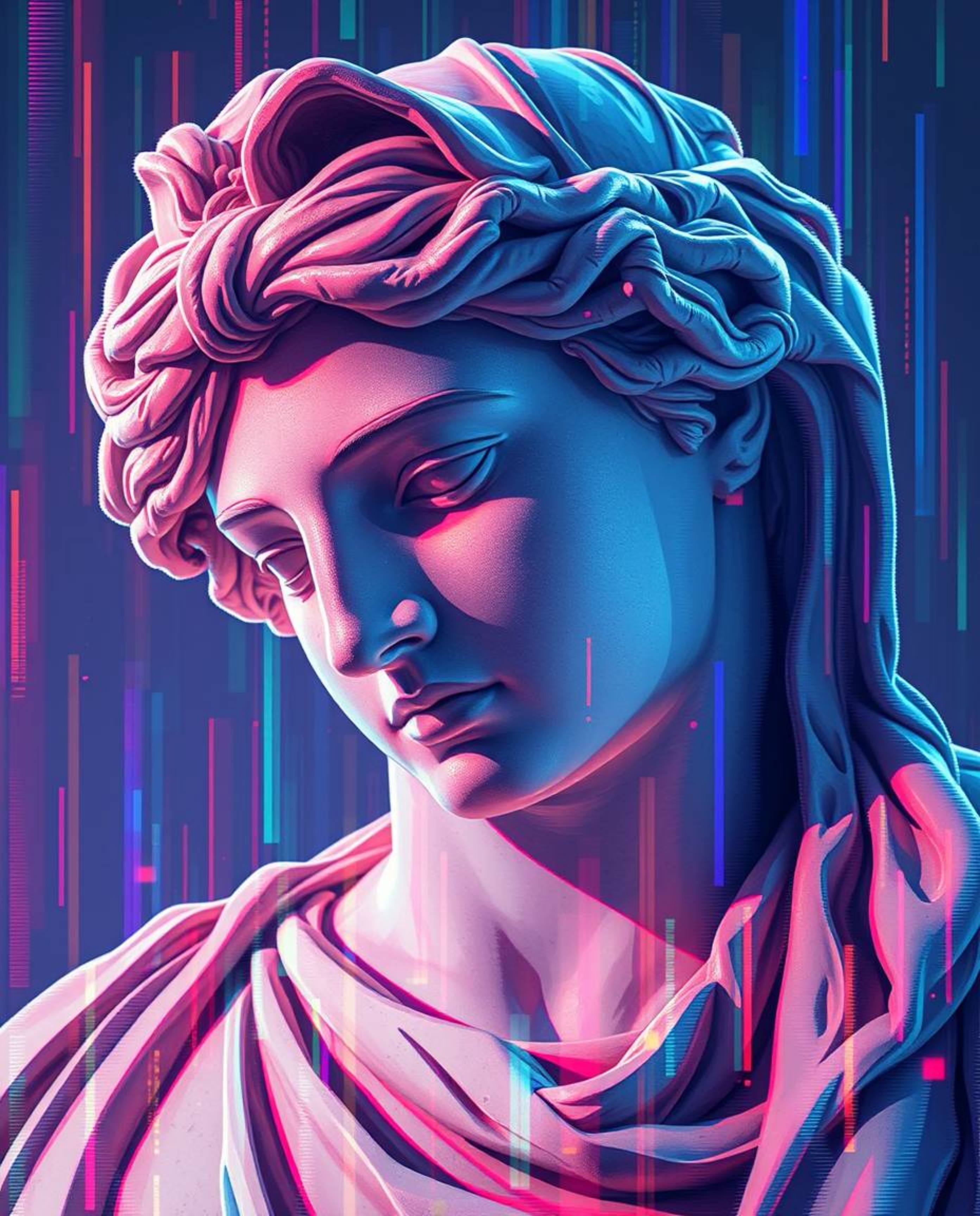 A captivating Isekai-inspired digital artwork depicts a classical sculpture undergoing a vibrant glitch effect.  Iridescent r