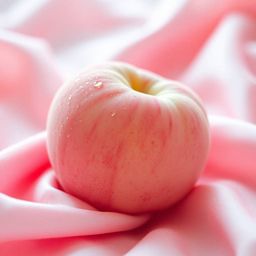 A captivating close-up ASMR image showcasing a blushing pink peach delicately resting on pastel pink silk. The cinematic ligh