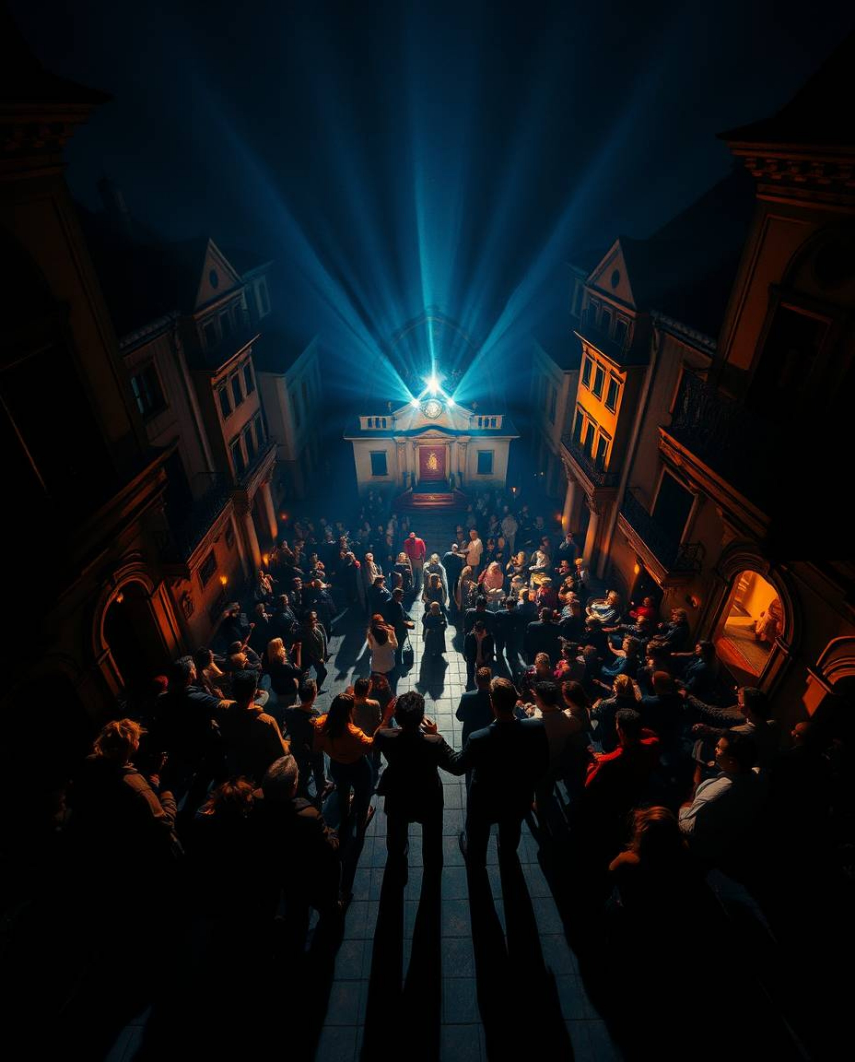Experience a captivating musical number filmed from a high-angle perspective in a vibrant town square.  The scene is dramatic