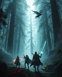 Witness an epic scene of friends possessing extraordinary abilities, venturing into a vast, mysterious forest. The artwork b