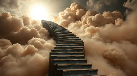 A cast bronze sculpture depicting a surreal stairway rising through smoky clouds towards a bright celestial light, symbolizin