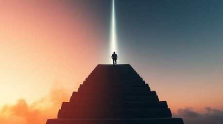 An extreme macro close-up captures a solitary figure climbing a stone staircase toward a radiant beam of light, framed by a h