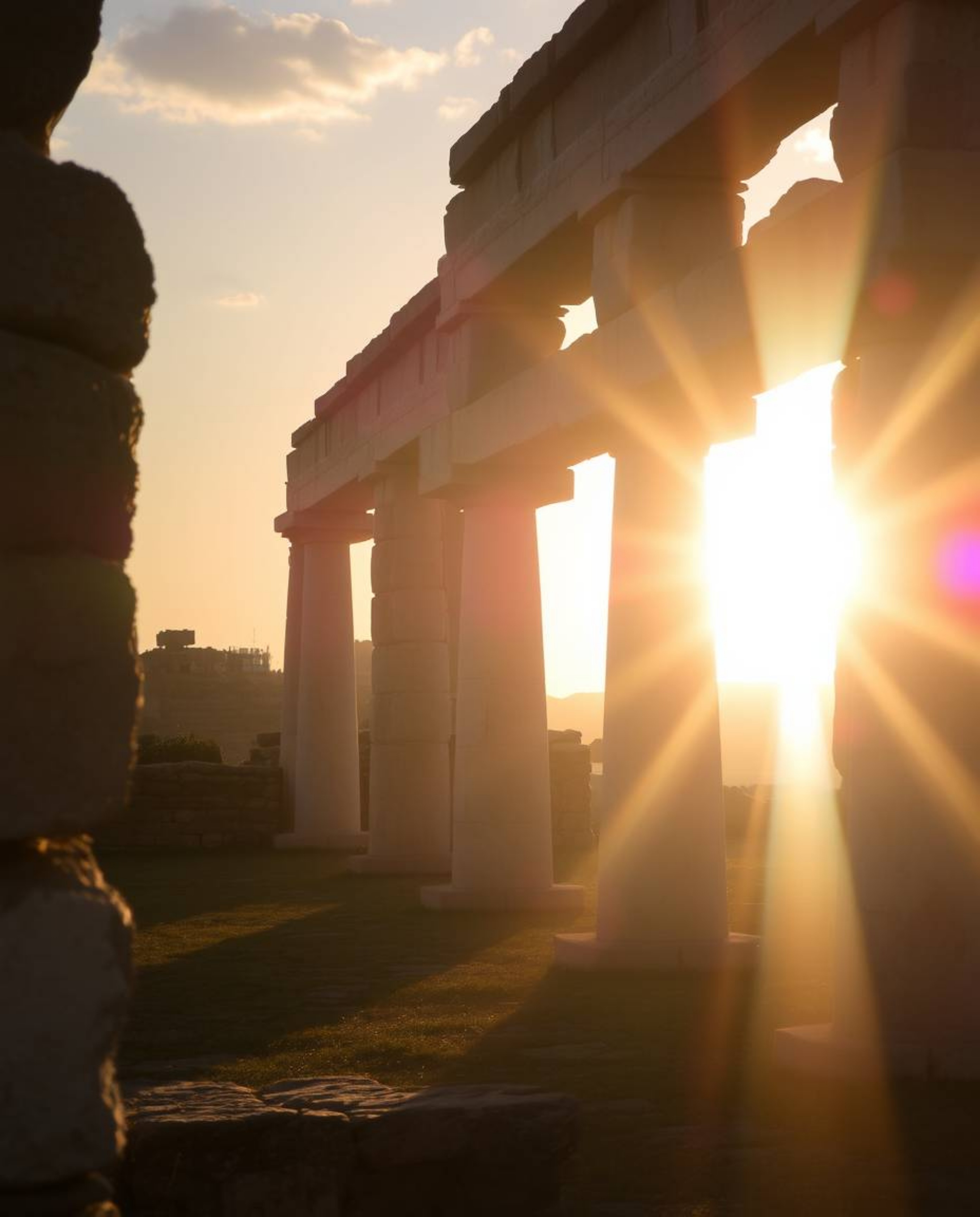 A bright lens flare with soft pastel colors depicts a sunset casting shadows through ancient stone ruins. This gentle and soo