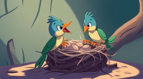 This captivating animation showcases two cartoon birds diligently constructing a nest.  Rendered in a classic animation style