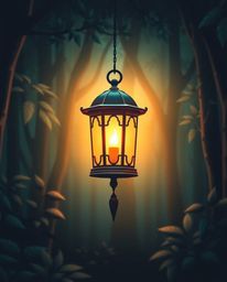 A captivating image depicting a glowing lantern illuminating a dark forest, rendered in a graceful and elegant style. The art