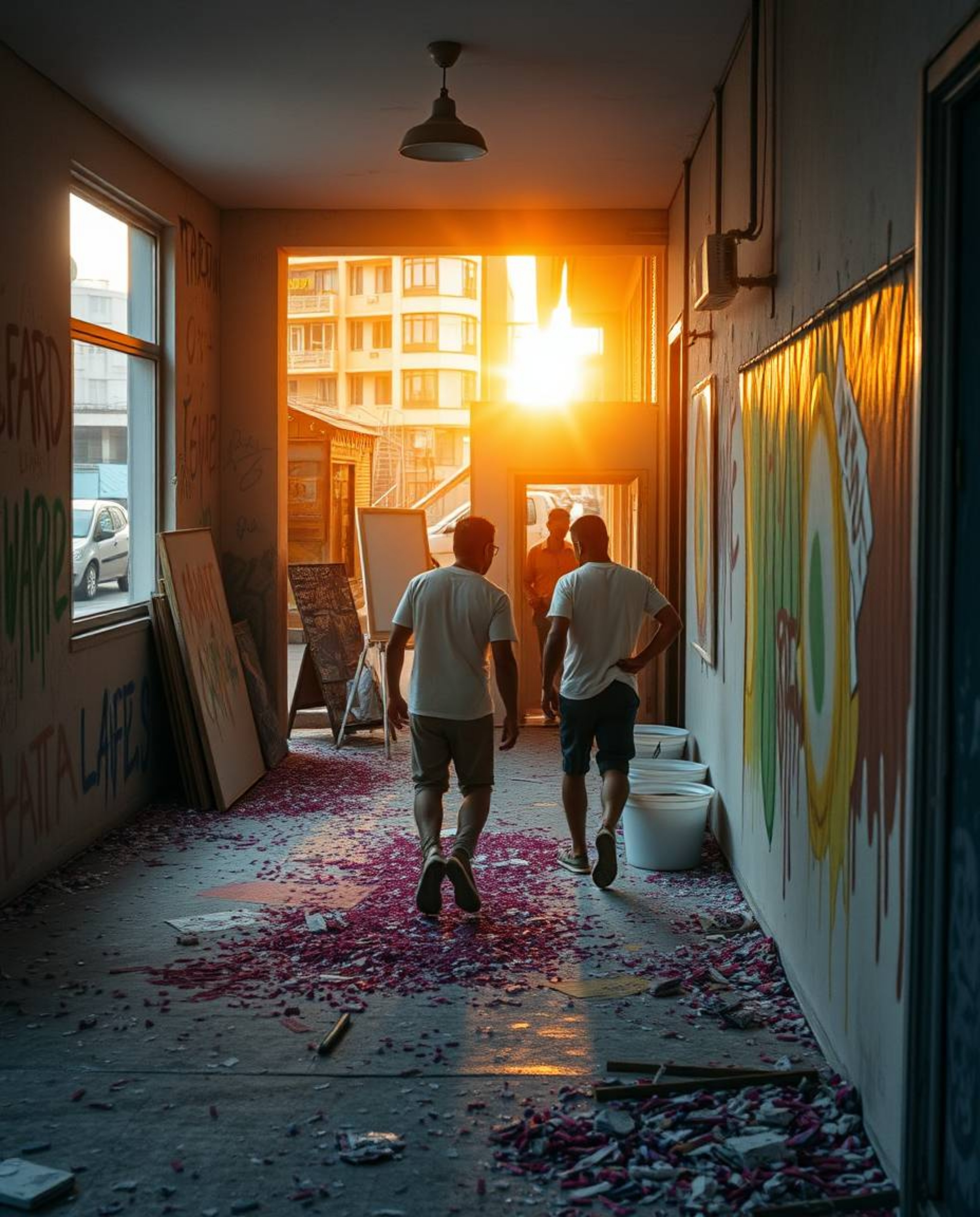 Capture the vibrant chaos of a room erupting with paint, juxtaposed with the fleeting beauty of a candid street scene illumin