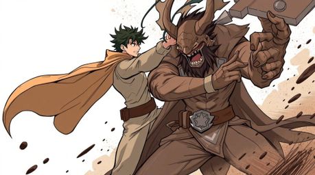 A dynamic isekai anime style illustration depicting a superhero in a cape engaged in battle with a silly villain.  The expres