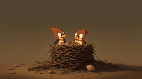 A professional fine art photograph depicts two cartoon birds constructing a nest in a classic animation style. The image util