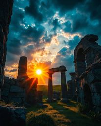 Intense dramatic weather with bright, vibrant colors depicts a sunset casting shadows through ancient stone ruins. The scene 