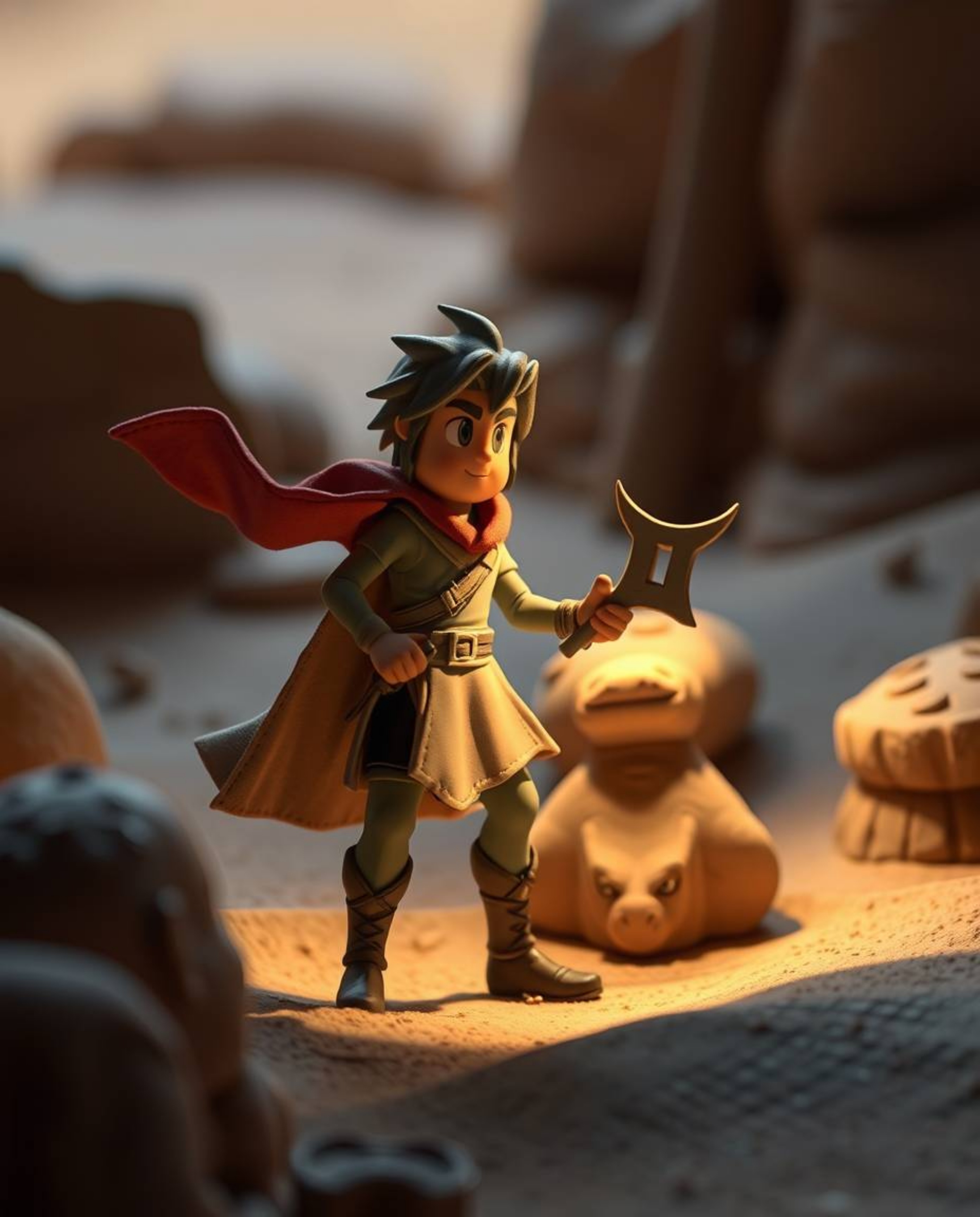 A brave hero embarks on a Disney-style desert adventure, depicted in a stunning sculptural clay art piece.  Gentle, soft ligh