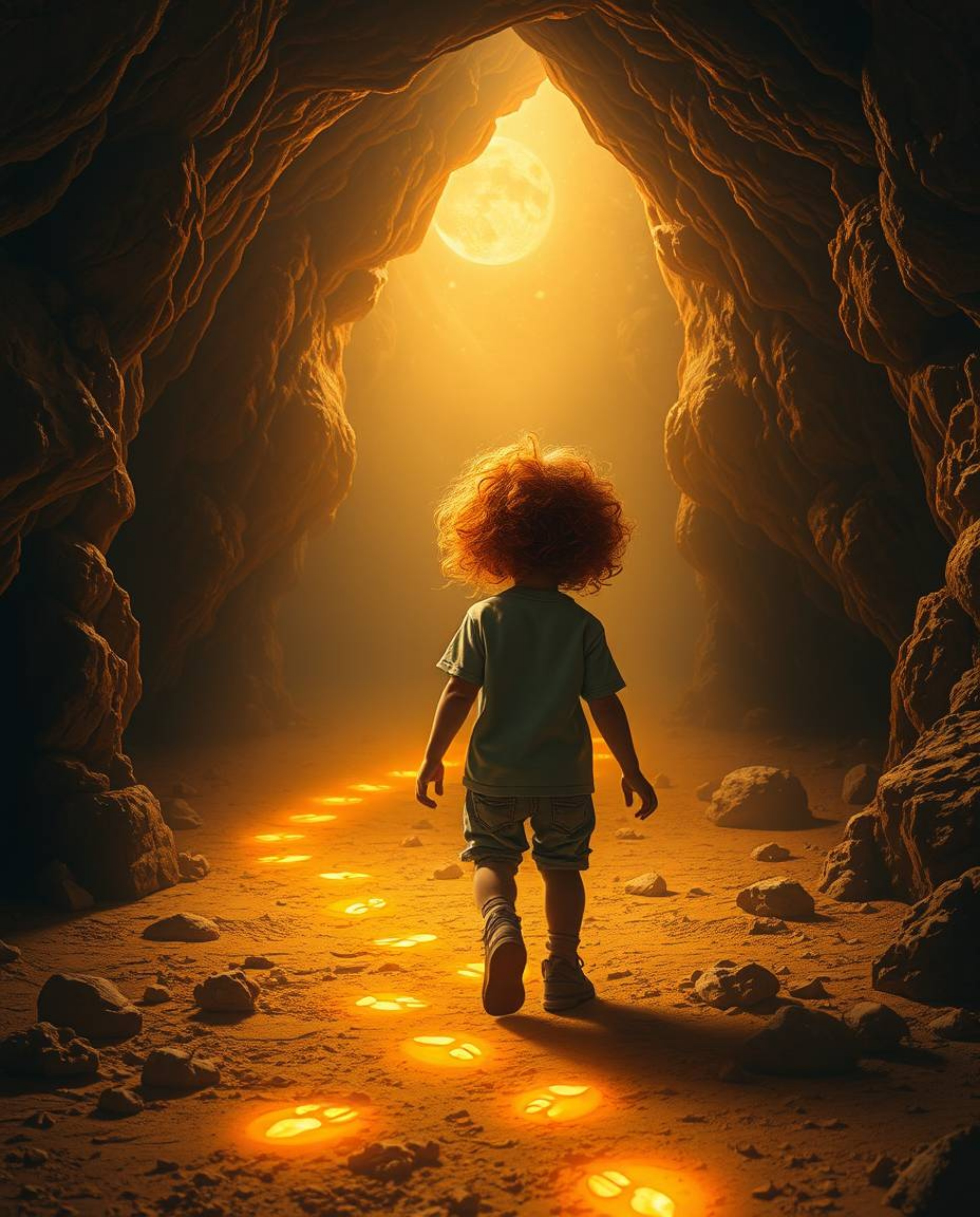 A captivating dreamlike surreal image bathed in a warm golden glow depicts a child with curly red hair embarking on an enchan