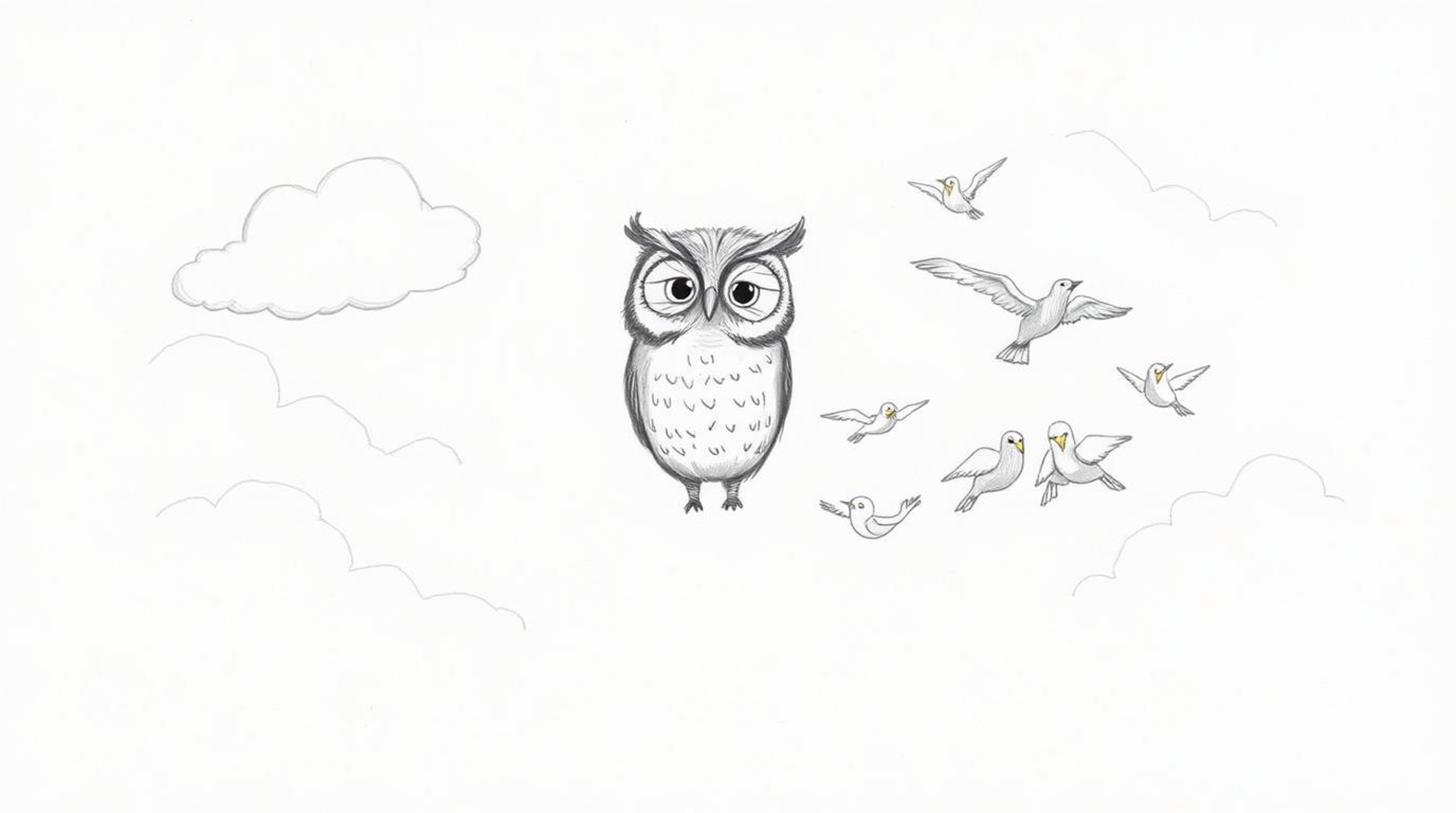 A heartwarming hand-drawn sketch in the style of Pixar portrays a blind owl with gentle feathers and captivating eyes.  This 