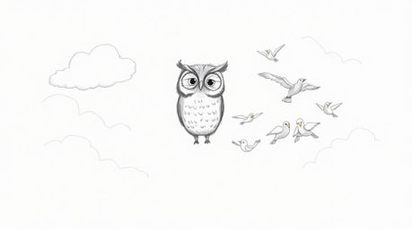 A heartwarming hand-drawn sketch in the style of Pixar portrays a blind owl with gentle feathers and captivating eyes.  This 